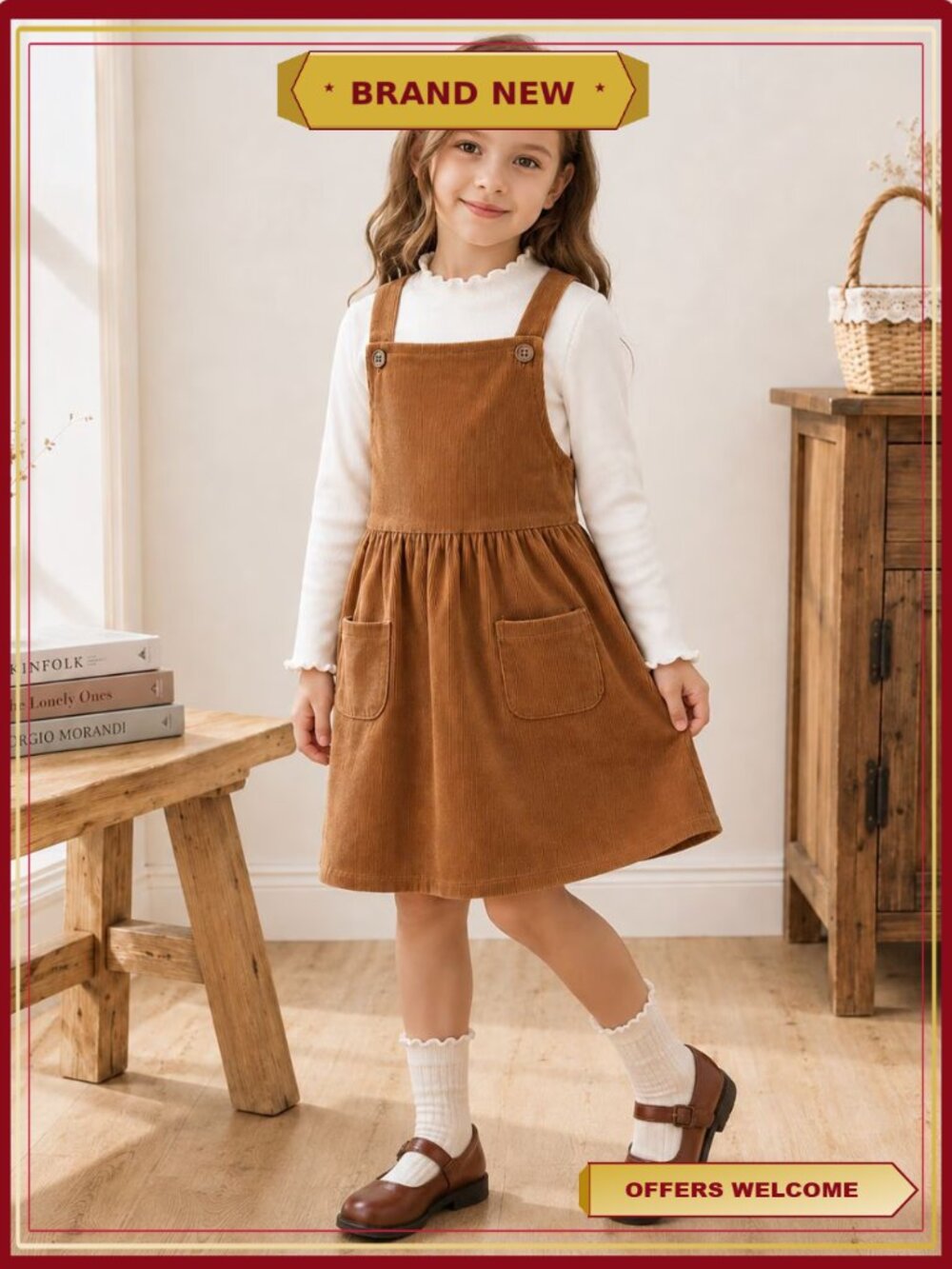 Girls 2-Piece Corduroy Jumper Dress Set Long Sleeve Top